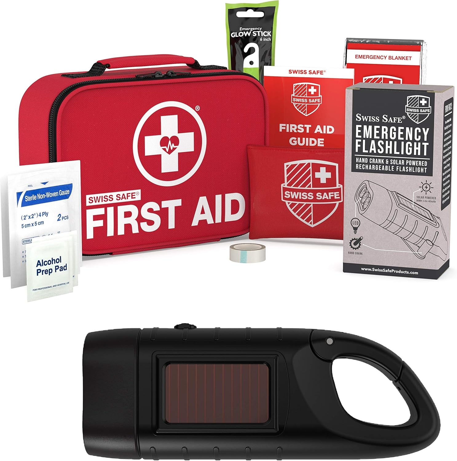 Rechargeable Solar Hand Crank Flashlight with First Aid Kit (120-Piece) : Sports & Outdoors