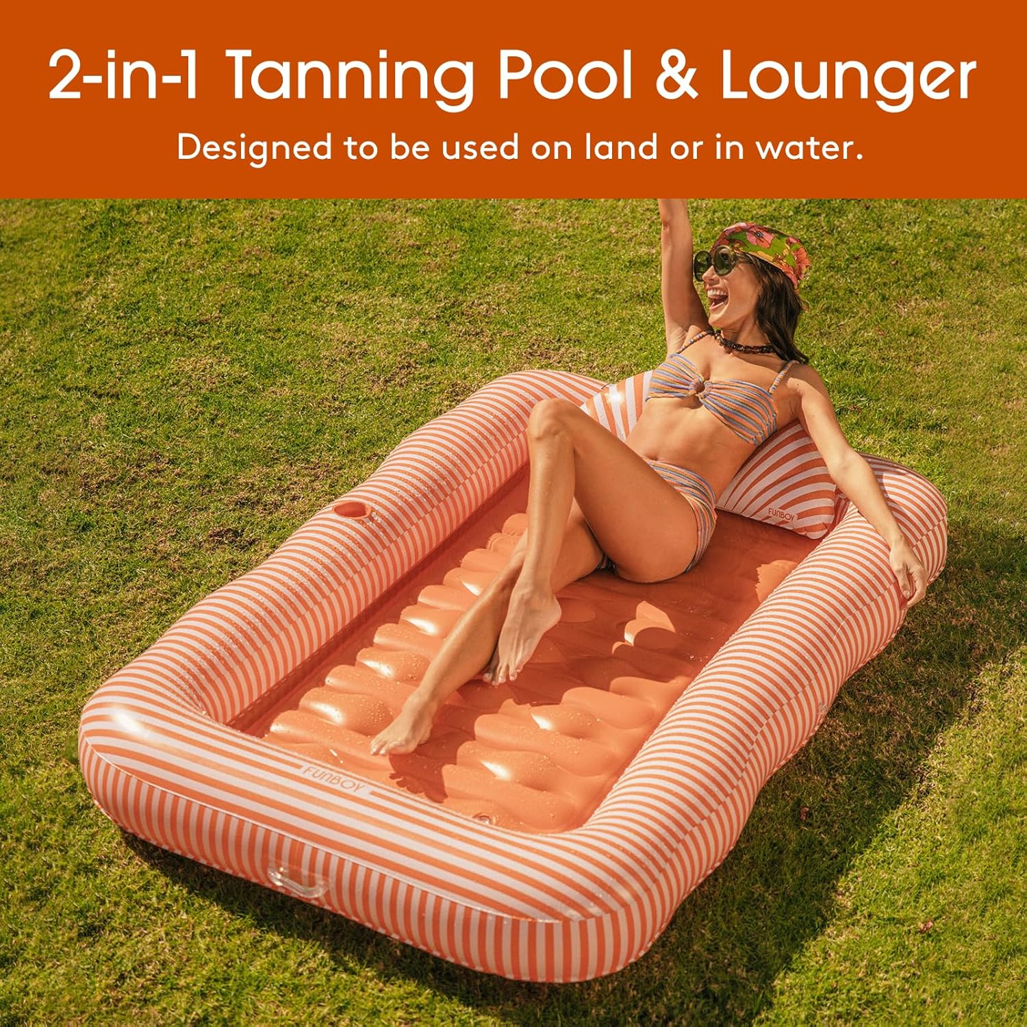 FUNBOY Tanning Pool Lounger Float Orange Stripe, XL 72" x 48" with Pillow and Large Cup Holder