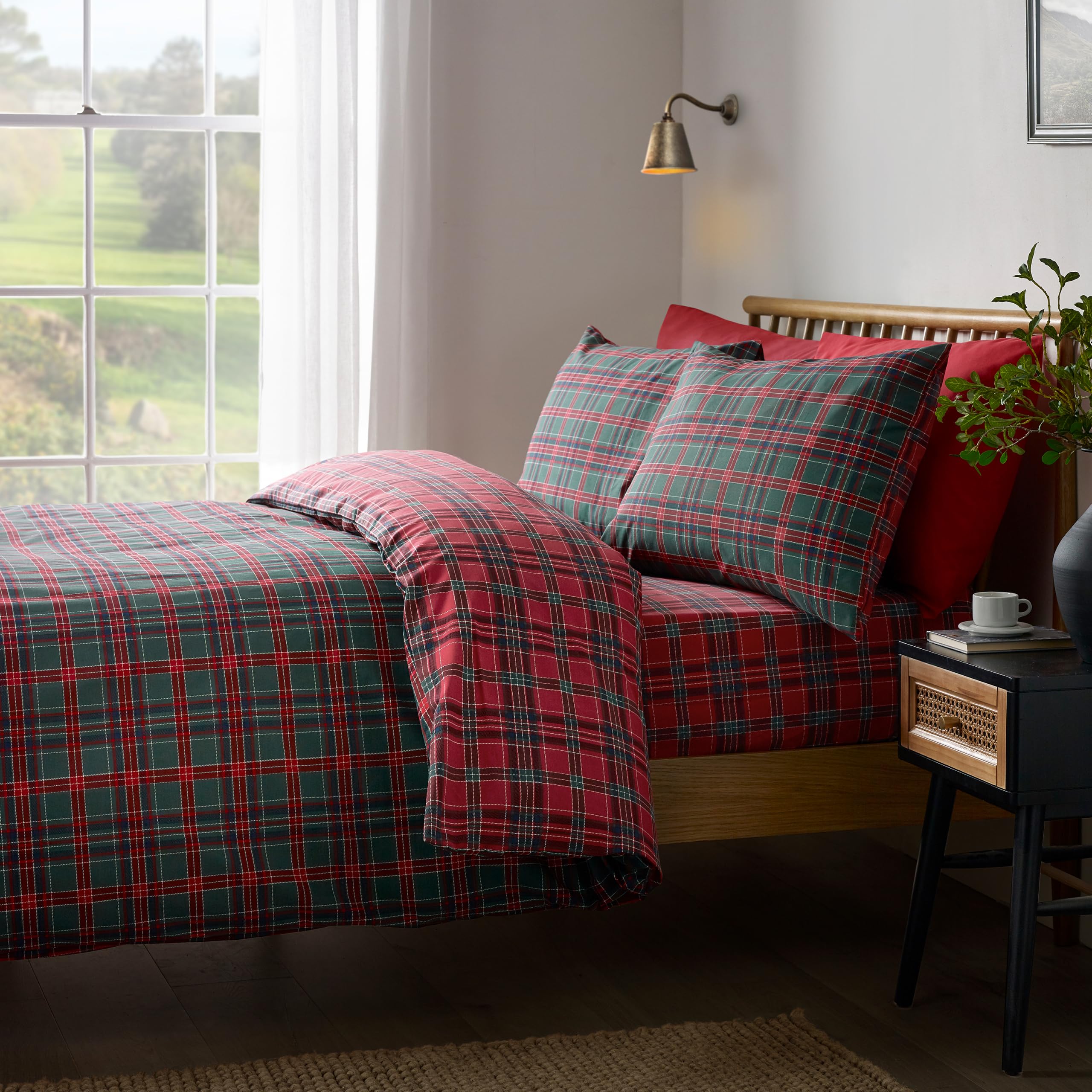 Catherine Lansfield Set copripiumino per letto king size, motivo scozzese, rosso/verde