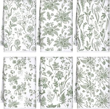 Boyiee 6 Sets Sage Green Kitchen Towels Set Vintage Floral Dish Tea Towels Absorbent Wildflower Dishtowels 24"x16" Forest Hand Wash Cloth for Farmhouse Kitchen Bathroom Housewarming Gift