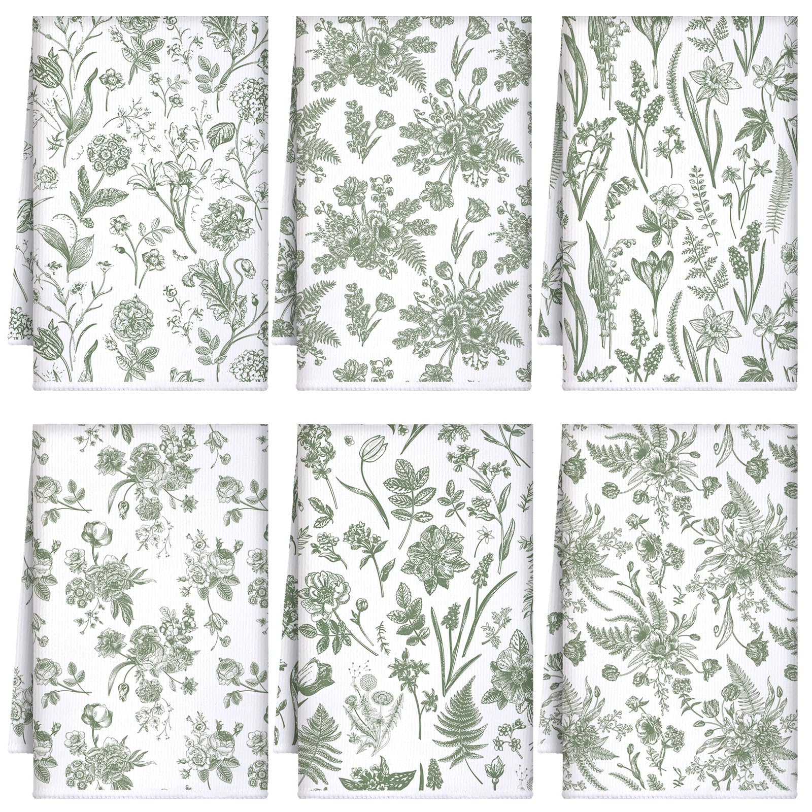 Boyiee 6 Sets Sage Green Kitchen Towels Set Vintage Floral Dish Tea Towels Absorbent Wildflower Dishtowels 24