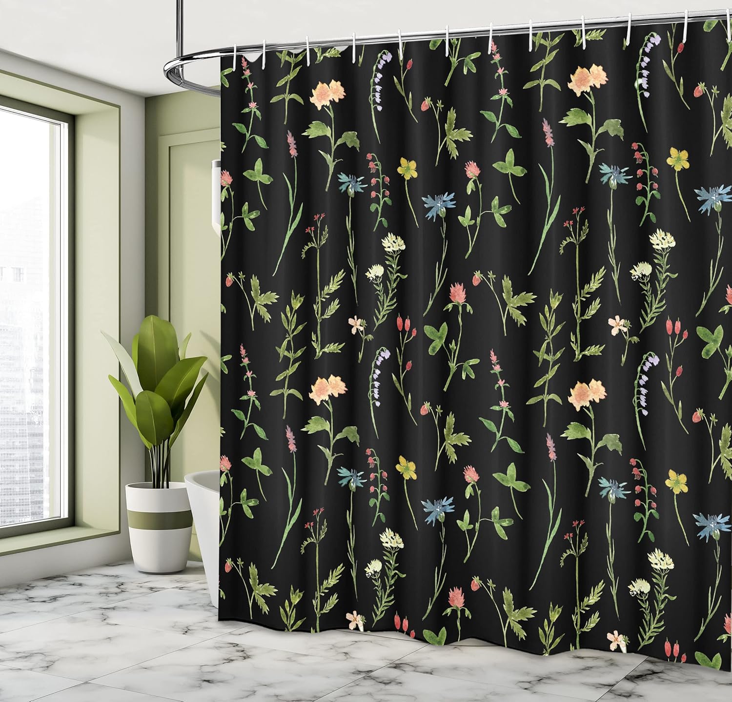 Ambesonne Floral Shower Curtain, Spring Season Themed Watercolors Painting of Herbs Flowers Botany Garden Artwork, Cloth Fabric Bathroom Decor Set with Hooks, 69" W x 84" L, Dark Grey