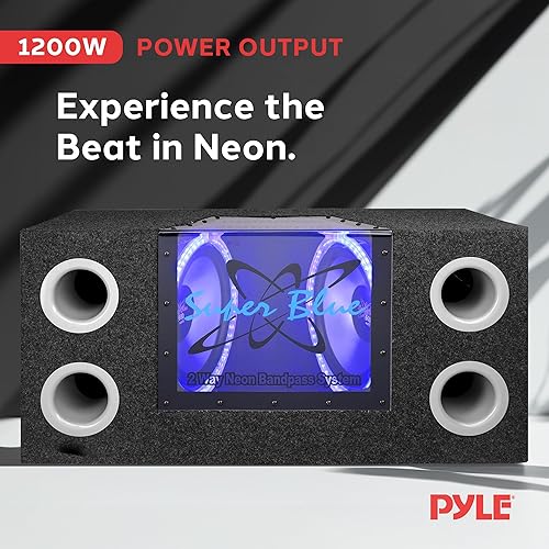 Miniatura 2 de Pyramid Subwoofer de audio para automóvil de 12 pulgadas y 1200 W, sistema de altavoces de paso de banda de neón de 2 vías con luces azules, entrada