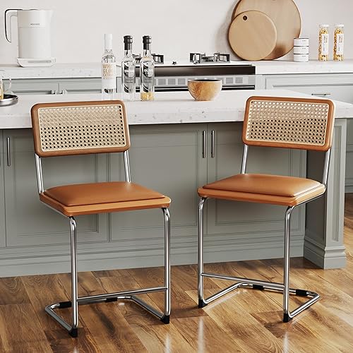 Miniatura 1 de Alunaune Juego de 2 taburetes de ratán natural de mediados de siglo de 24 pulgadas, taburetes tapizados modernos de altura de barra, sillas de