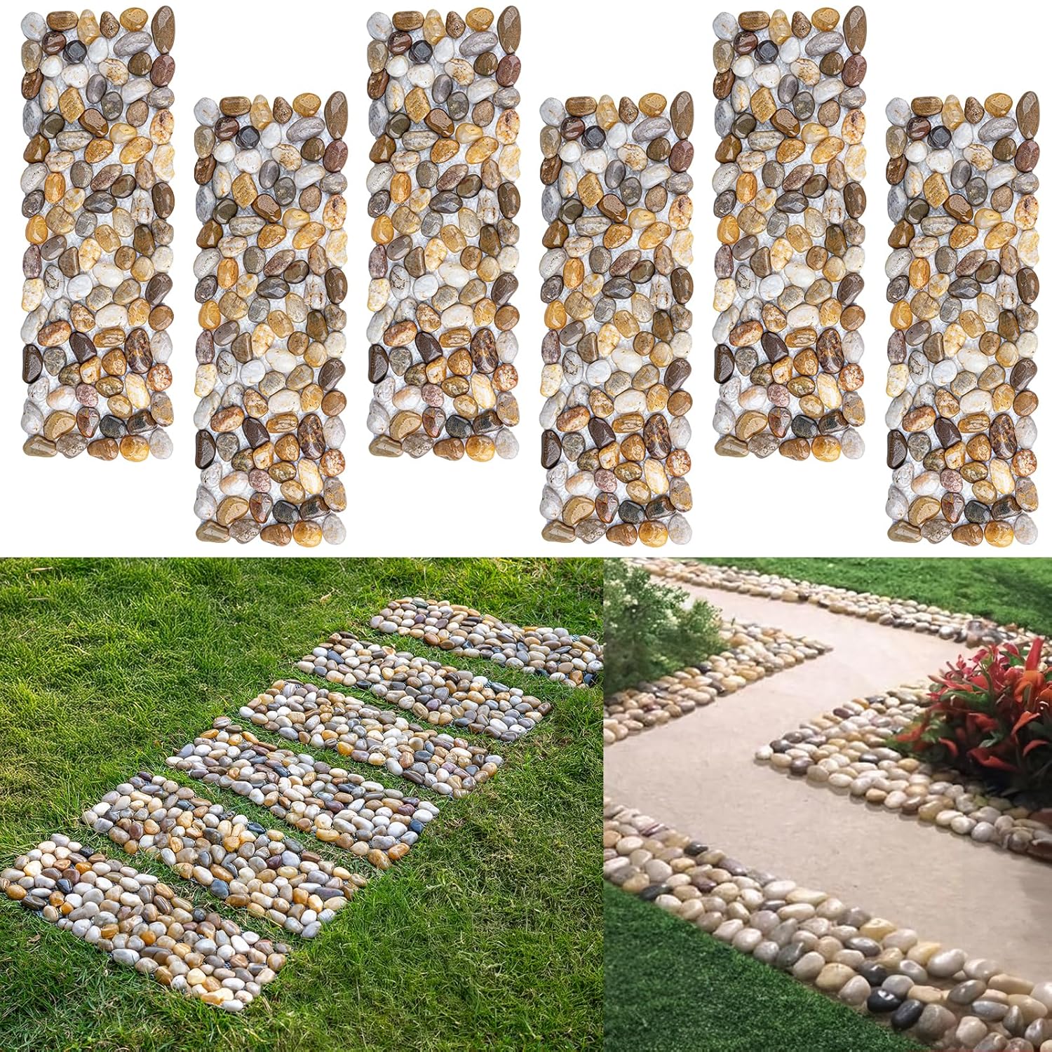 Xindian 6 Pack Natural River Rock Stepping Stones - Mesh Backed Pebble Mats for Garden Walkway, Lawn Paths & Patio Landscaping (16"x5.5")