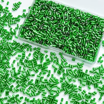 1400Pcs Glass Bugle Beads 2.24mm Large Hole 1.3mm Tube Beads for Jewelry Making, Uniform Long Spacer Beads for Embroidery, Bracelets, Necklaces & DIY Crafts with Storage BoxGreen
