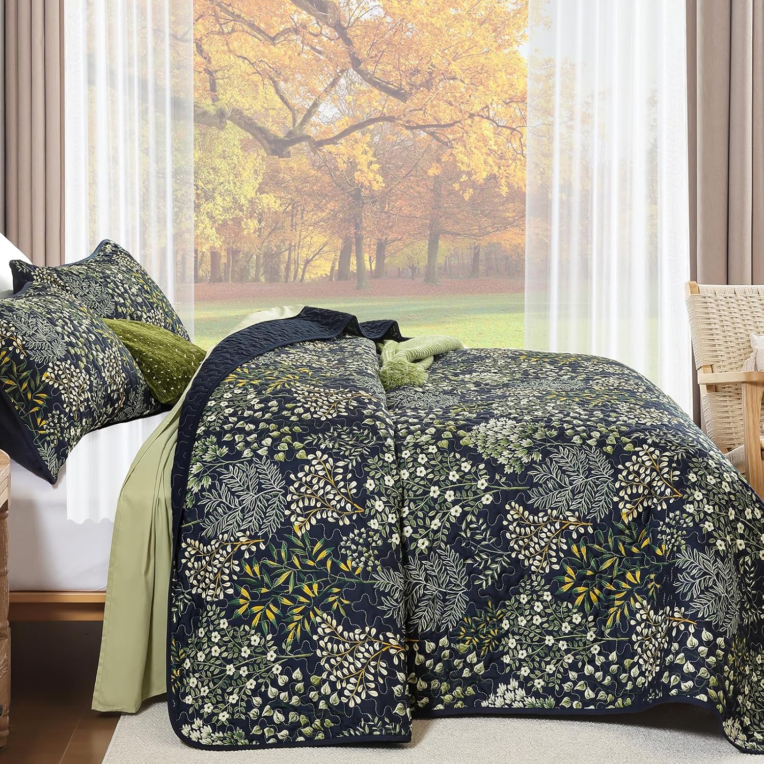 WONGS BEDDING Floral Quilt Set Queen Size, Colorful Botanical Farmhouse Quilt Bedding Set, Lightweight Microfiber Navy Blue Bedspread Set with 2 Pillowcases (96"x90") - Image 3