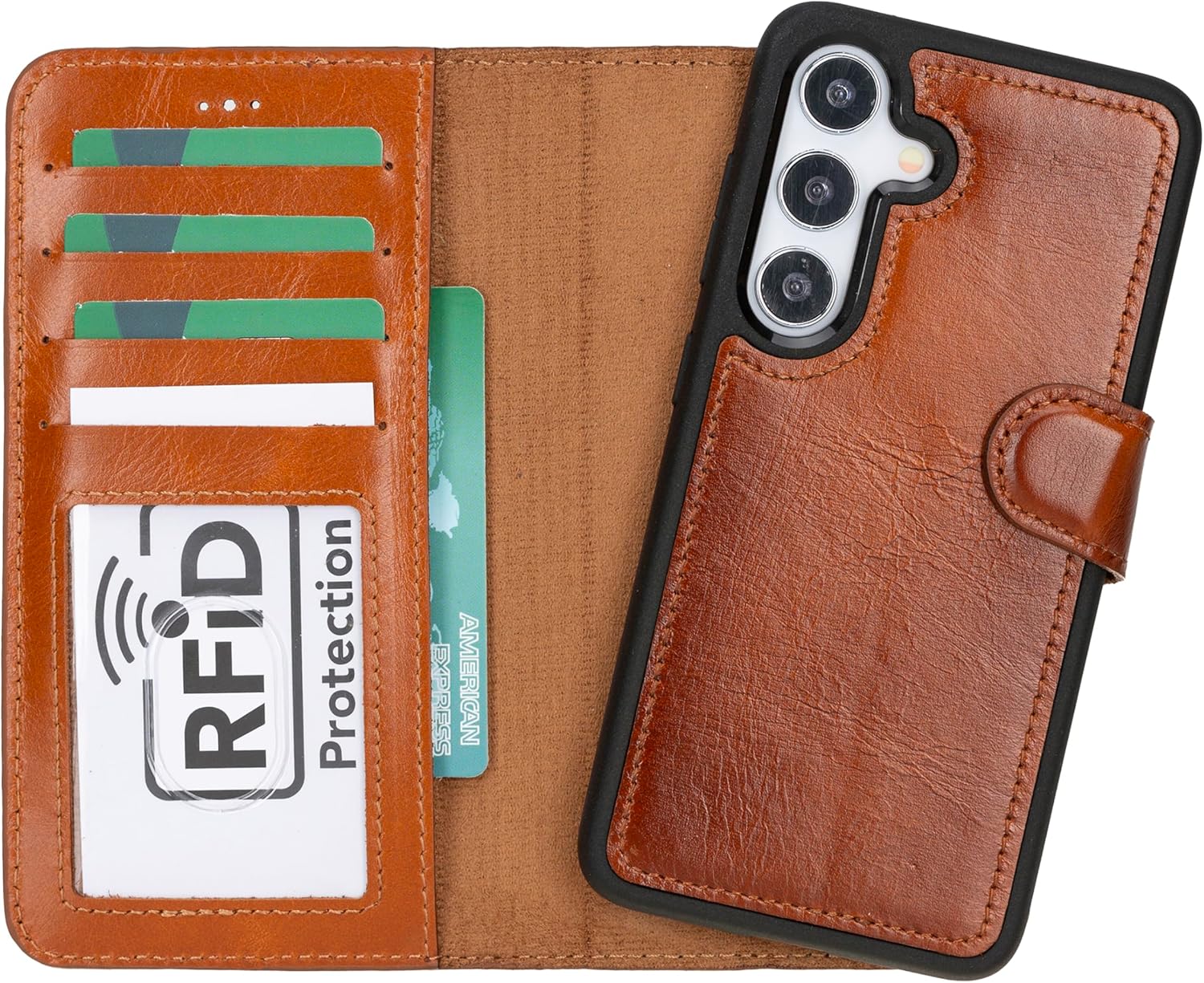 for Samsung Galaxy S24 Wallet Case with Card Holder, RFID Blocking, Strong Magnetic Genuine Leather Flip Fold Protective Phone Case Shockproof Kickstand (Rustic Tan)