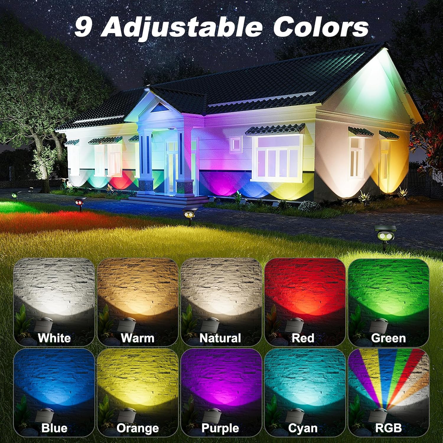 Solar Spot Lights Outdoor Waterproof IP68, RGB Colors Changing Solar Lights with 4 Lighting Modes, Solar Powered Lights Outdoor for Yard Outside Landscape Garden (6Pack)