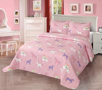Kids Teens Girls Unicorn Rainbow Pink Purple White 2 Piece Twin Quilt Bedspread Set