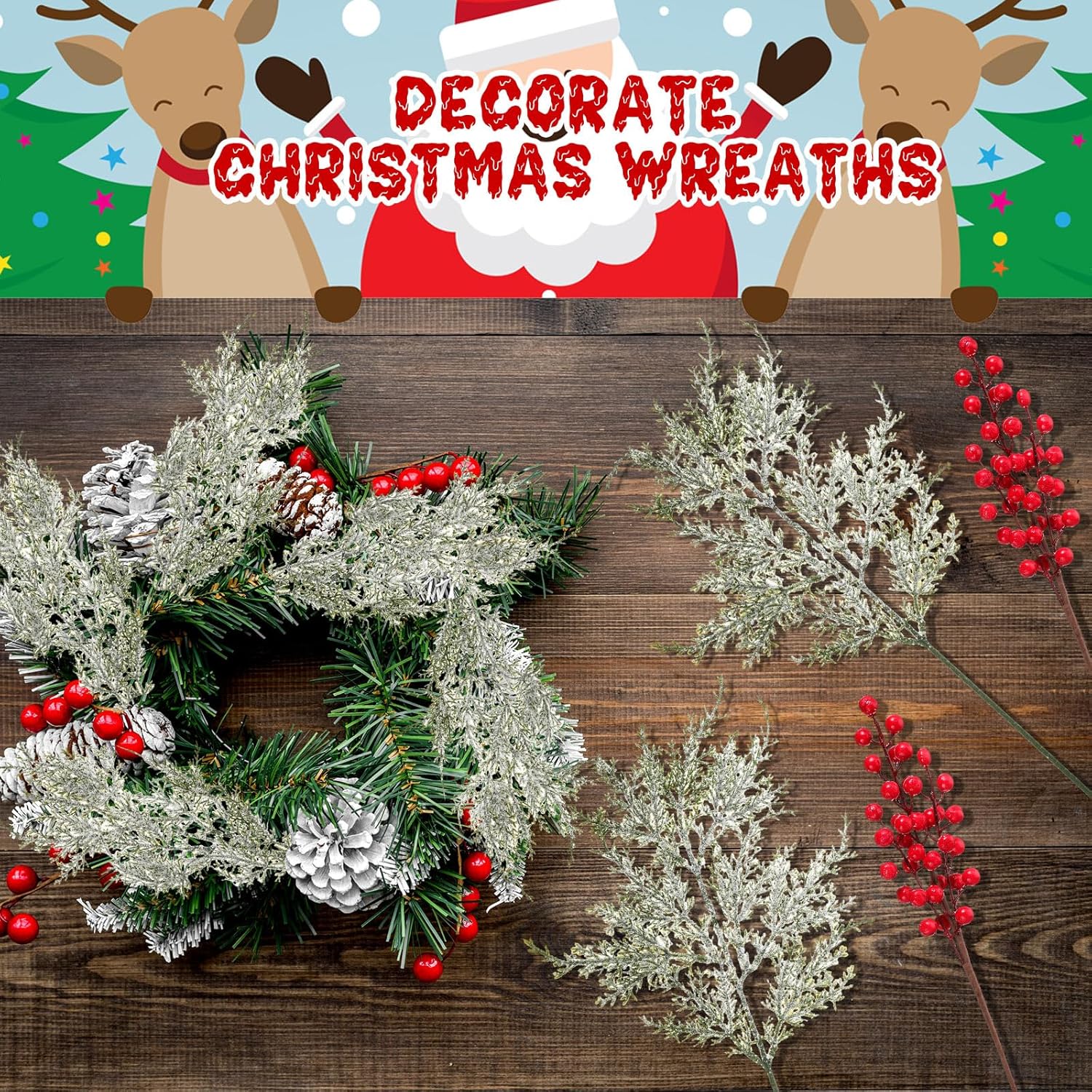 16 Pcs Christmas Tree Branches Filler Artificial Pine Branches with Berry Stems Christmas Tree Picks Greenery Sprays Berry and Cedar Picks for Vase Fillers Table Decor(Snow Cover,Red)