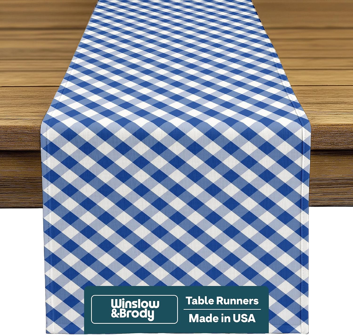 Gingham Table Runner | Made in America | Checkered Blue White Table Runner | Washable, Stain & Wrinkle Resistant | Summer Table Decorations for Home | 14 x 108 Inches Long