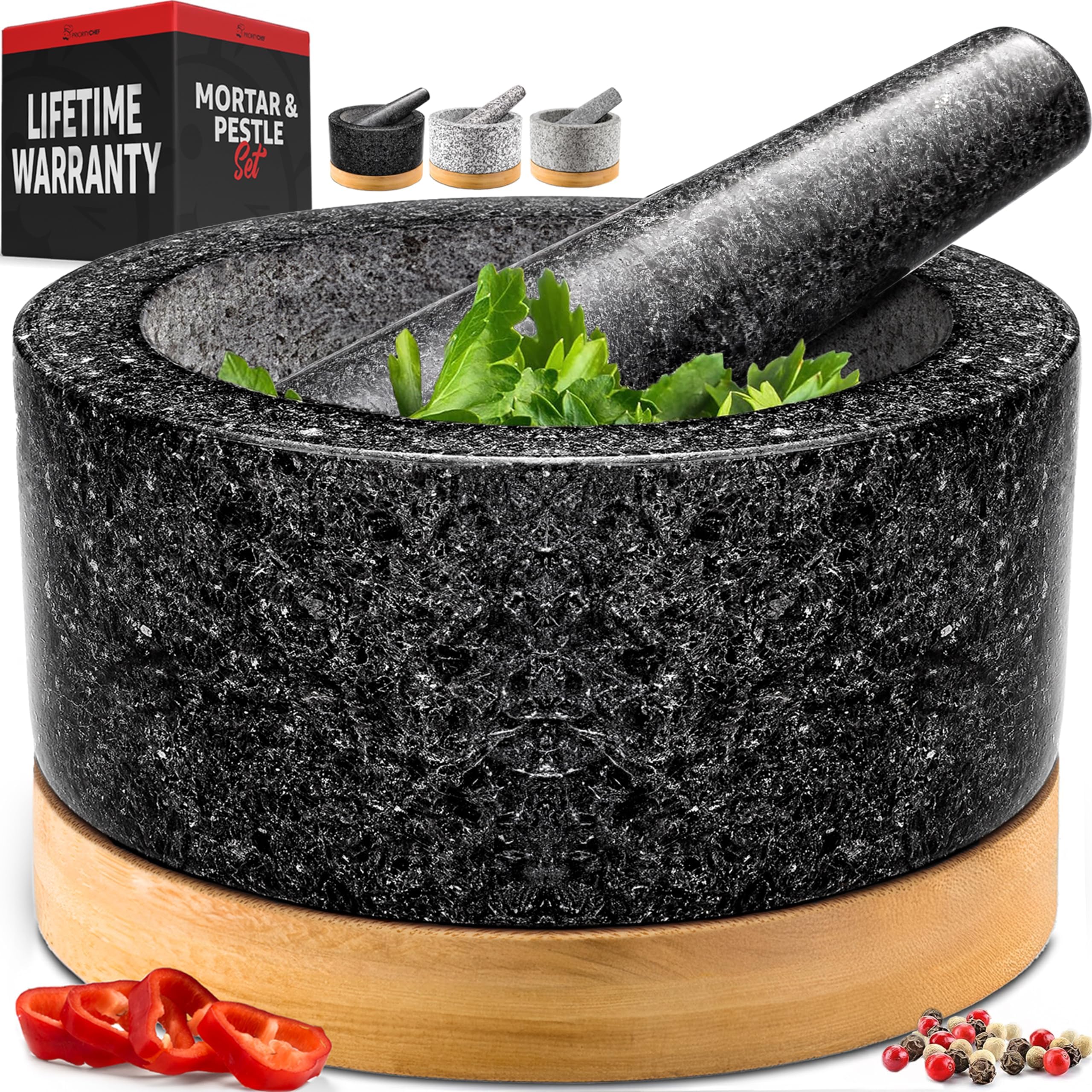 PriorityChef Heavy Duty Mortar and Pestle Set with Bamboo Base, 100% Natural Granite Stone Grinder, Guacamole Bowl and Masher, 4 Cups, Black