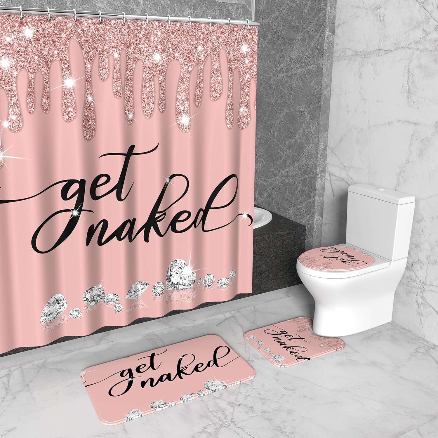 HBlife 4 PCS Pink Shiny Bathroom Shower Curtain Sets, Get Naked Shower