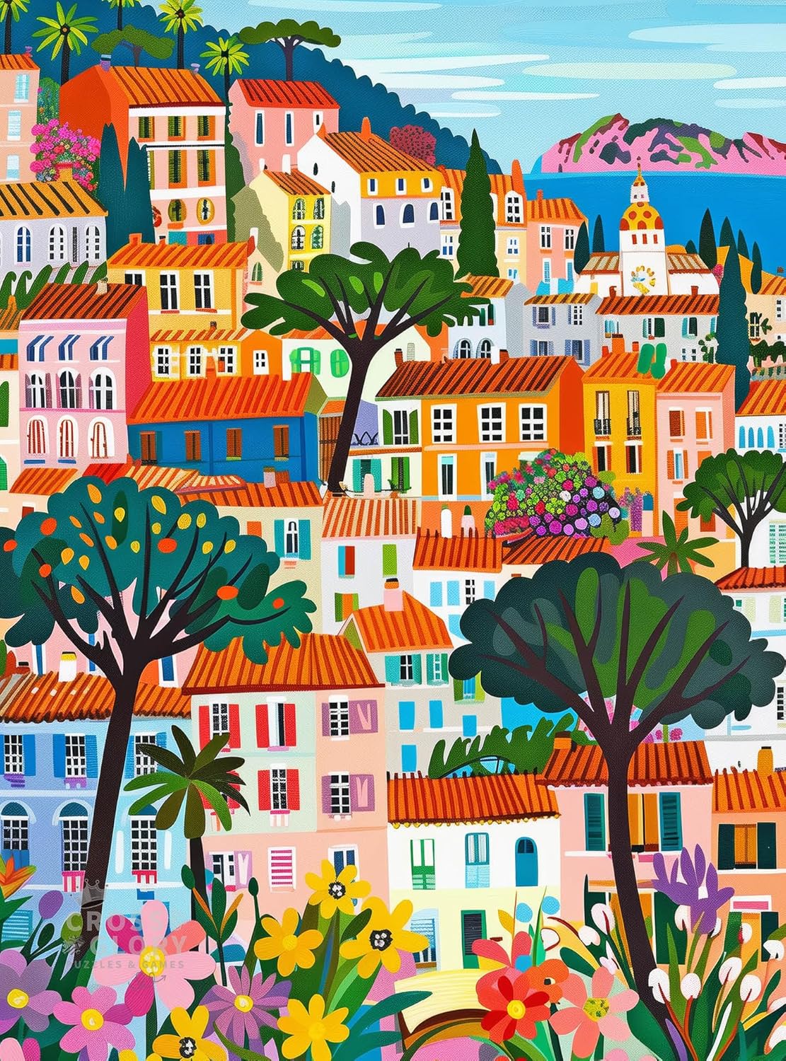 Cross & Glory – A Bright Day in Cannes – 1000 Piece Jigsaw Puzzle for Adults | Modern Folk Art French Riviera Scene | Minimalist, Colorful Travel Puzzle