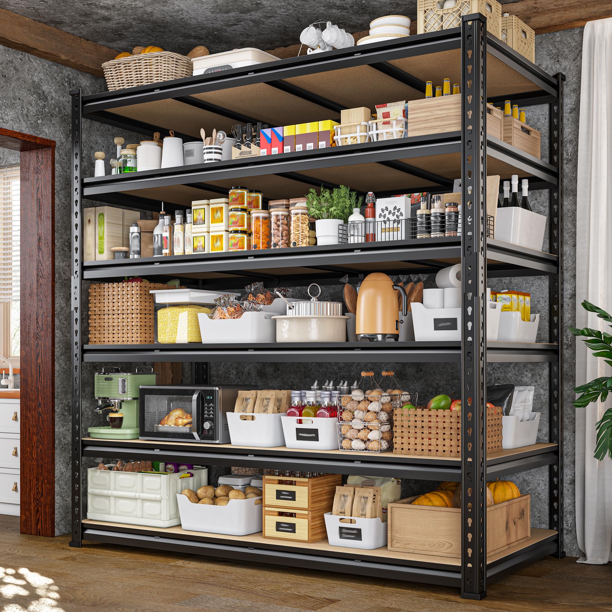 55" W Garage Shelving,Storage Shelves with Upgrade wood For Home Organizer | 6-Tier 3060 LBS Adjustable Metal Shelving Unit,Easy Assembly Storage Rack for Pantry, Kitchen,Warehouse,55" W × 24" D × 60" H 55" W × 24" D × 84" H