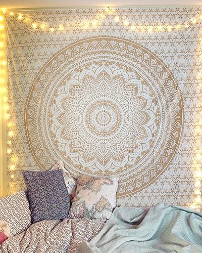 Miniatura 6 de raajsee - Tapiz brillante dorado para colgar en la pared, diseño mandala - Algodón indio, colchas hippie, ropa de cama boho, colcha blanca dorada