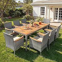 Vista 2 de Devoko Juego de comedor de patio al aire libre, 9 piezas, mesa de comedor y sillas de mimbre con mesa de madera de acacia y reposabrazos ampliados