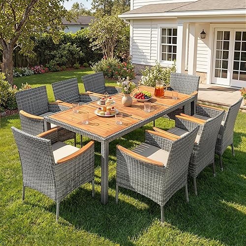 Miniatura 2 de Devoko Juego de comedor de patio al aire libre, 9 piezas, mesa de comedor y sillas de mimbre con mesa de madera de acacia y reposabrazos ampliados