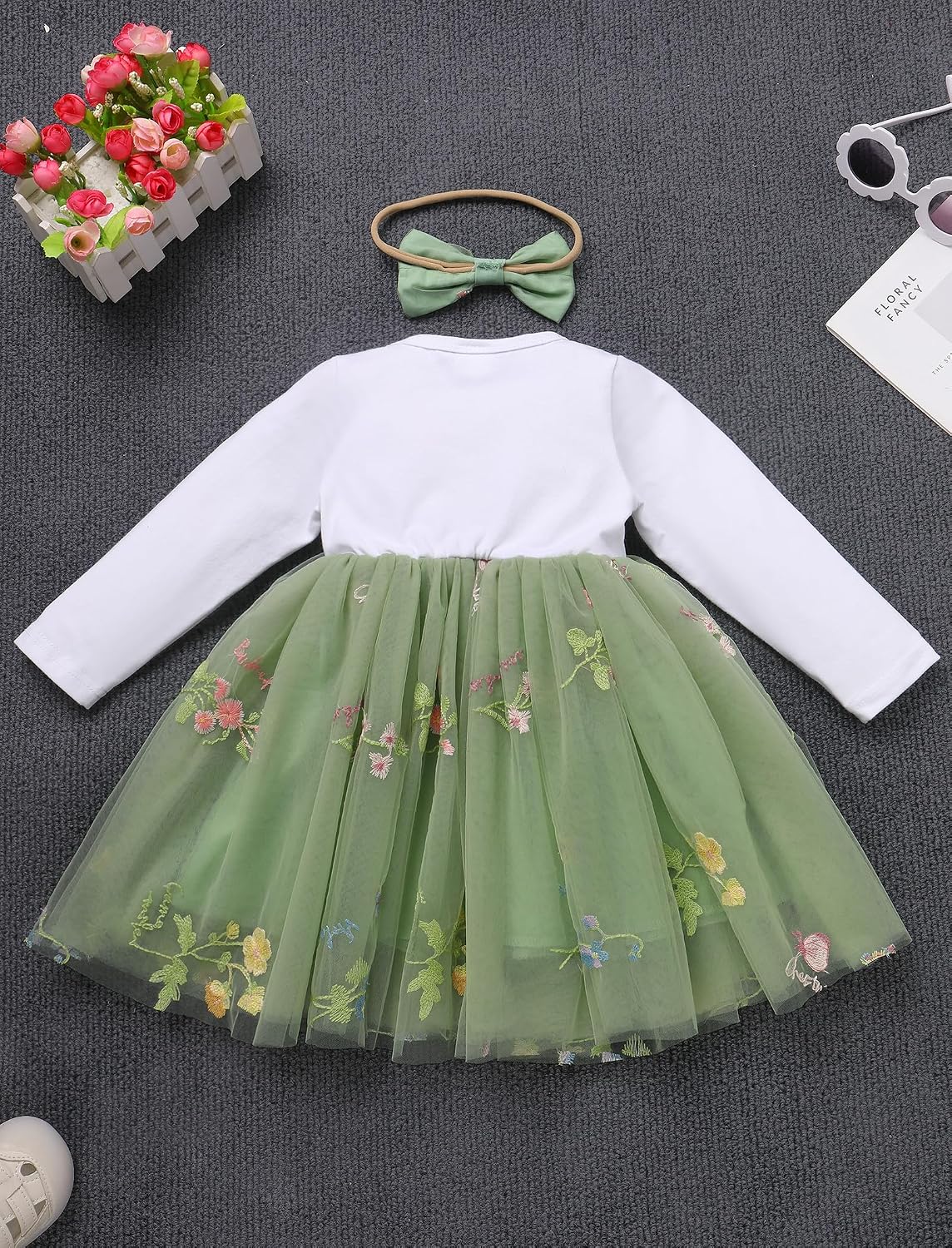 IDOPIP Baby Girls 1st Birthday Outfit Embroidery Flower Tulle Tutu Princess Pageant Party Dress Headband Set for Cake Smash