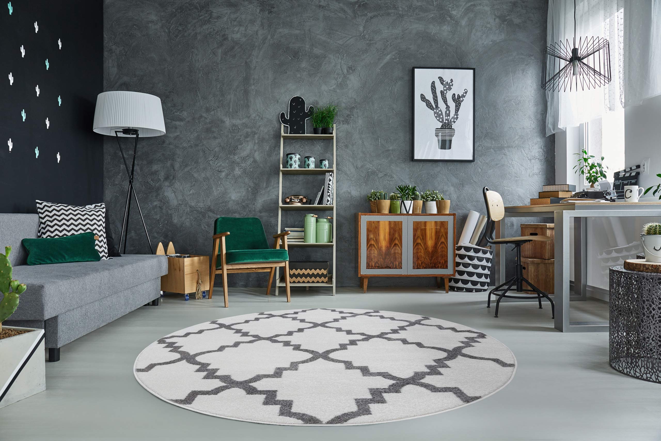 Tapis pour salon chambre coucher enfant rond gris 100cm rugsx F343
