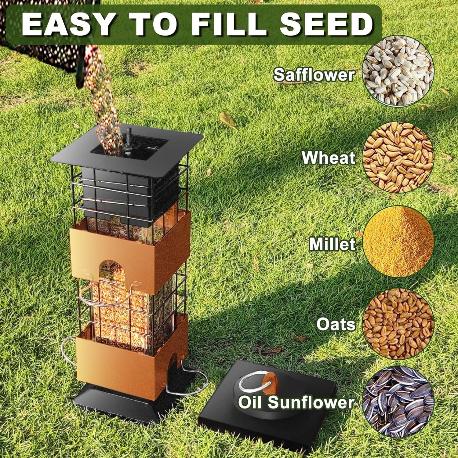 Squirrel Proof Bird Feeder, 3Lbs Metal Anti-Squirrel Bird Feeders for Outdoors, Weight-Activated Perches Hanging Wild Birdfeeder for Blue Jay, Cardinal (Brown)