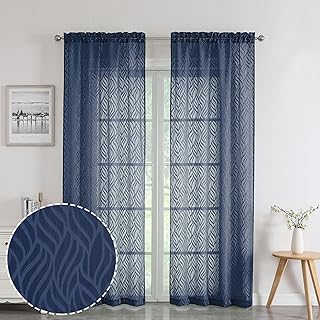 Chyhomenyc Marilyn Navy Blue Sheer Curtains 84 Inch Length 2 Panels, Light Filtering Breathable 3D Leaf Clip Jacquard Textured Curtain Drapes for Bedroom Living Room Window, 38Wx84L Inches - Buy now