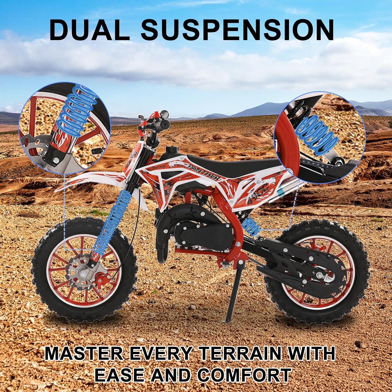 50cc Mini Dirt Bike Gas Powered, 2-Stroke Youth Dirt Bikes for Kids Ages 8-14, Off-Road Pit Bikes & Motor Bike, Powerful 25 MPH Beginner Gas Motorcycle Red