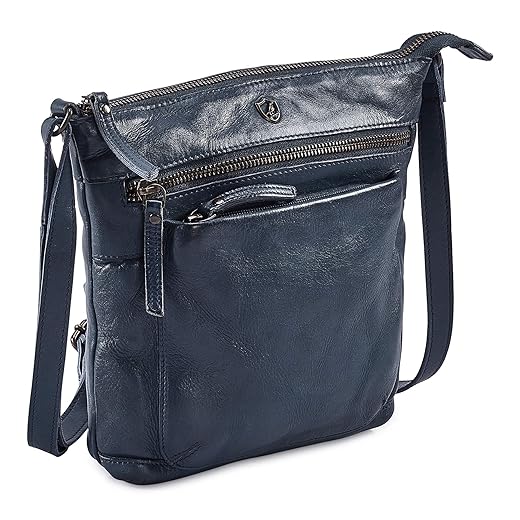 Cochoa Women Real Leather Small Triple Zip Crossbody Handbag Purse Travel Crossover Shoulder Bag Handmade (Ocean Blue Washed Vintage)