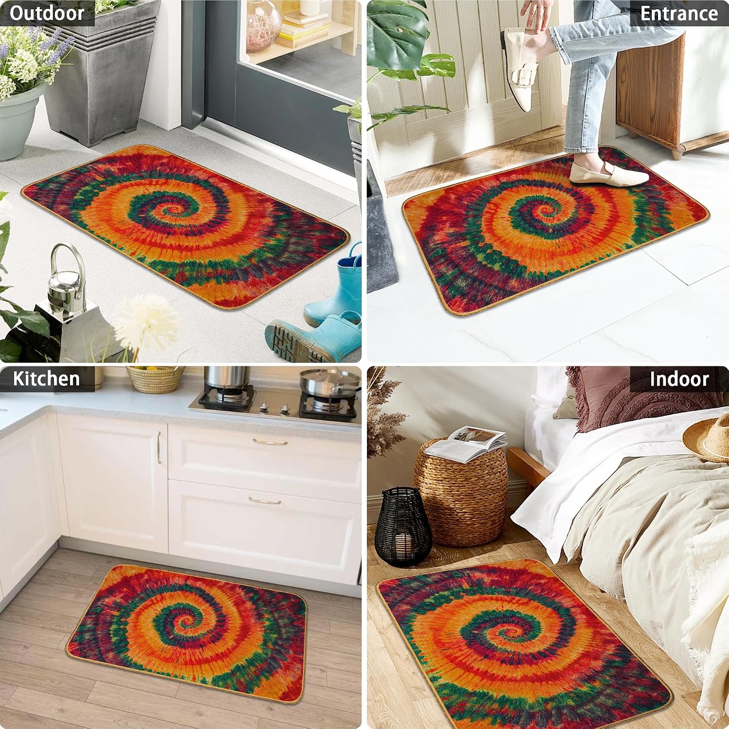 Doormat Rainbow Tie Dye Front Door Mat Indoor Outdoor Entrance,Retro Swirl Door Mat Waterproof Low Profile All-Season,Easy Clean Patio Porch Entryway Floor Rug 17x29 Inch