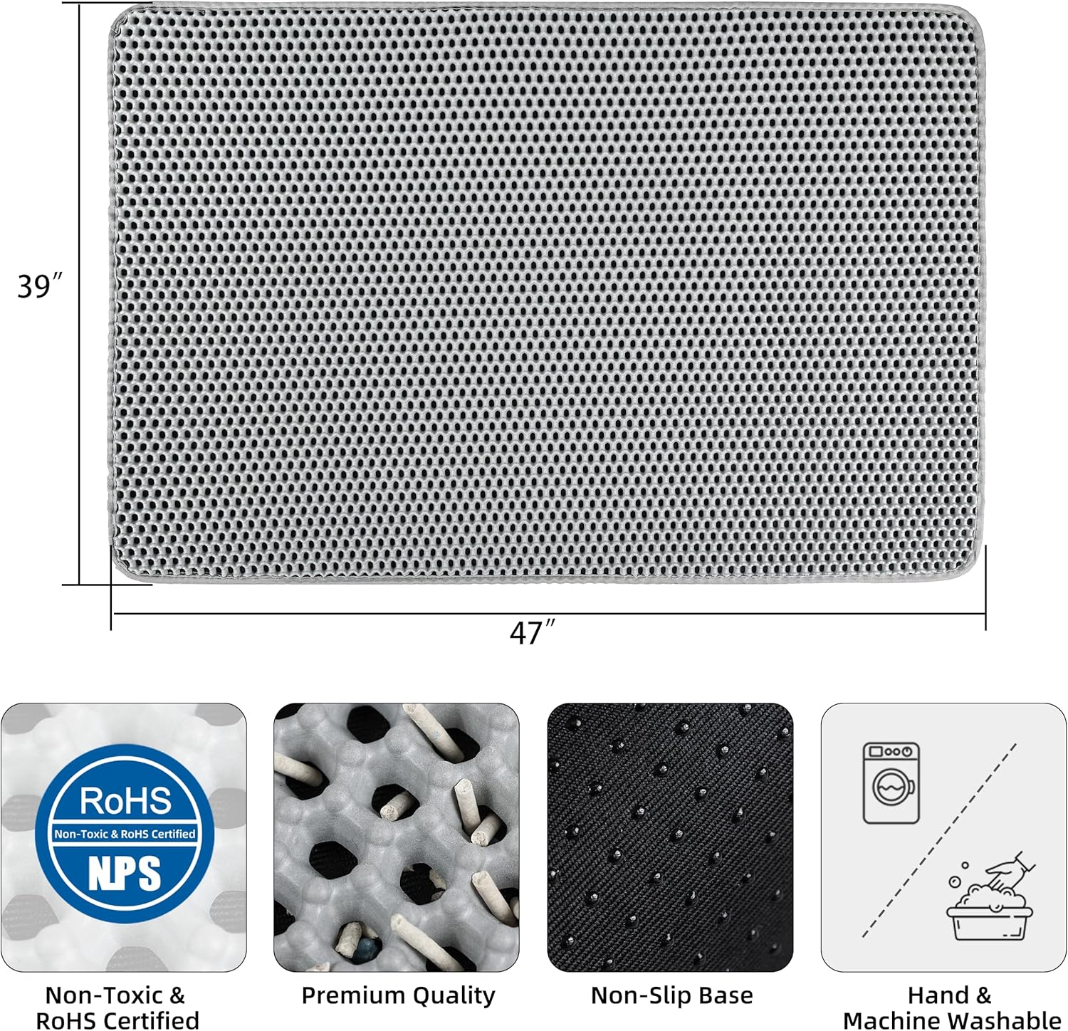 Cat Litter Mat XXL(47" x 39") - Large, Double-Layer, Non-Toxic, Easy Clean, Durable, Gray