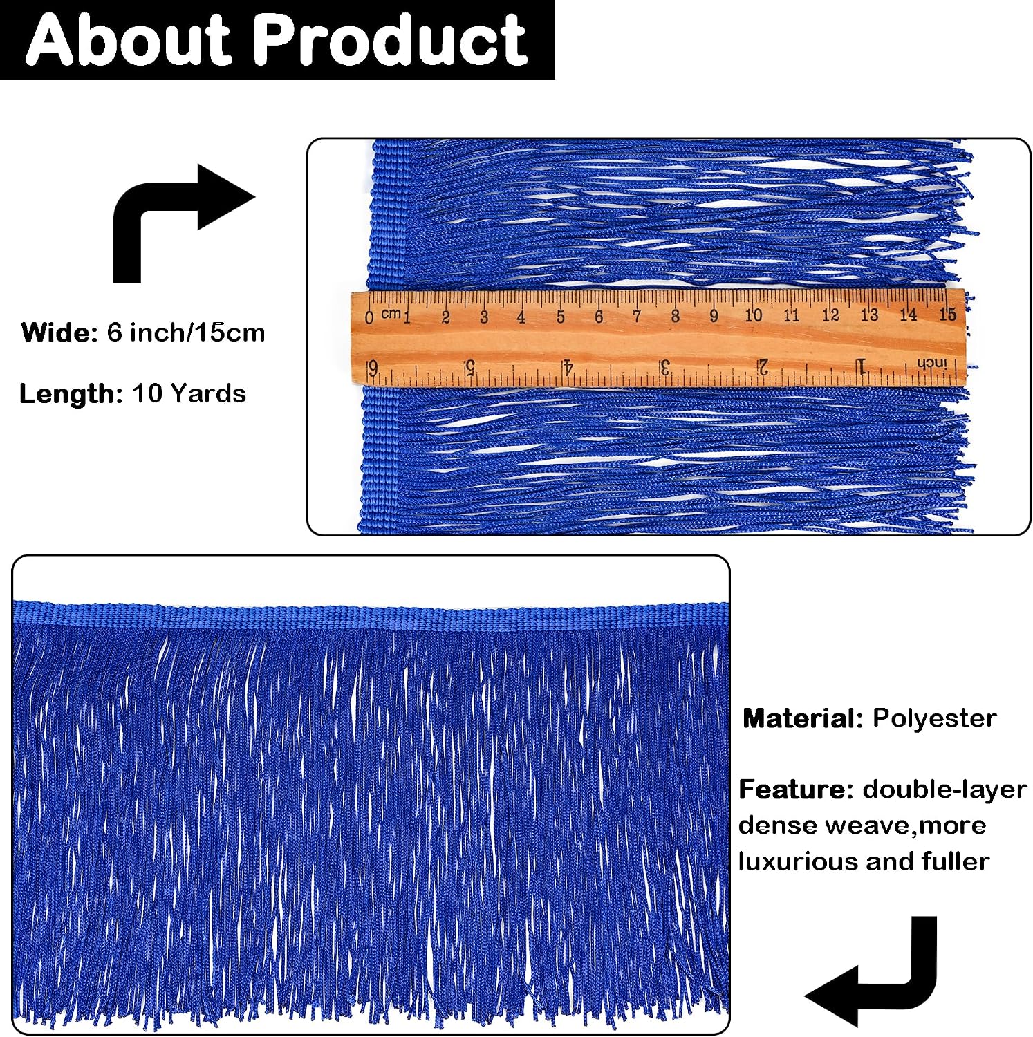 10 Yards Double-Layer Chainette Fringe Trim 6 Inch Tassel Sewing Trim for Sewing Crafts Latin Dress Clothing Curtains Lamp Shade Cushions Pillows Decorations (Royal Blue)