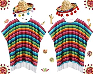 4 Pcs Cinco De Mayo Mexican Fiesta Serape Poncho Fabric and Straw Sombrero Headbands Mexican Costume