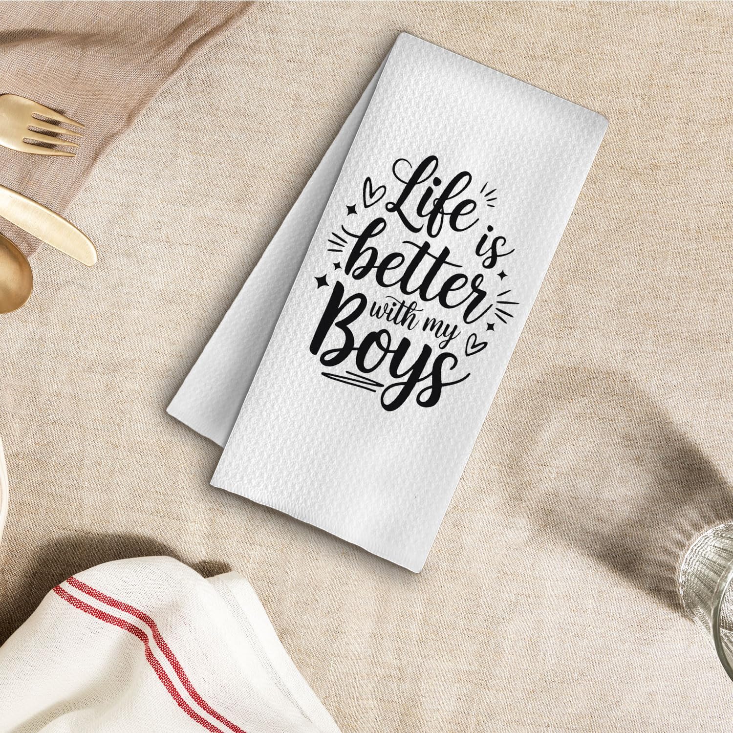 Mom Gifts Kitchen Towels, Life is Better with My Boys Dish Tea Towels for Kitchen Decor, Funny Best Mother's Day Birthday Gifts for Mom from Sons Hand Towels for Bathroom Decor, 16x24 Inches - Image 4