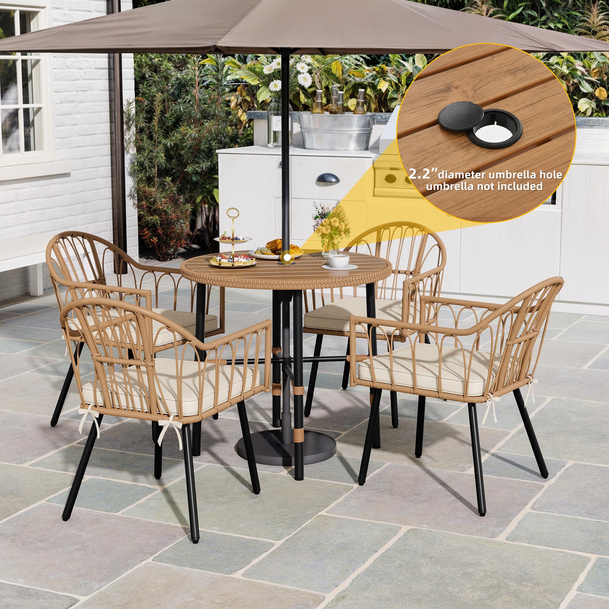 Mesa de comedor redonda para 4 mesas de 35.4 pulgadas con agujero para sombrilla y niveladores ajustables, mesa de bistró para todo tipo de clima con marco de metal para césped, jardín, patio 2