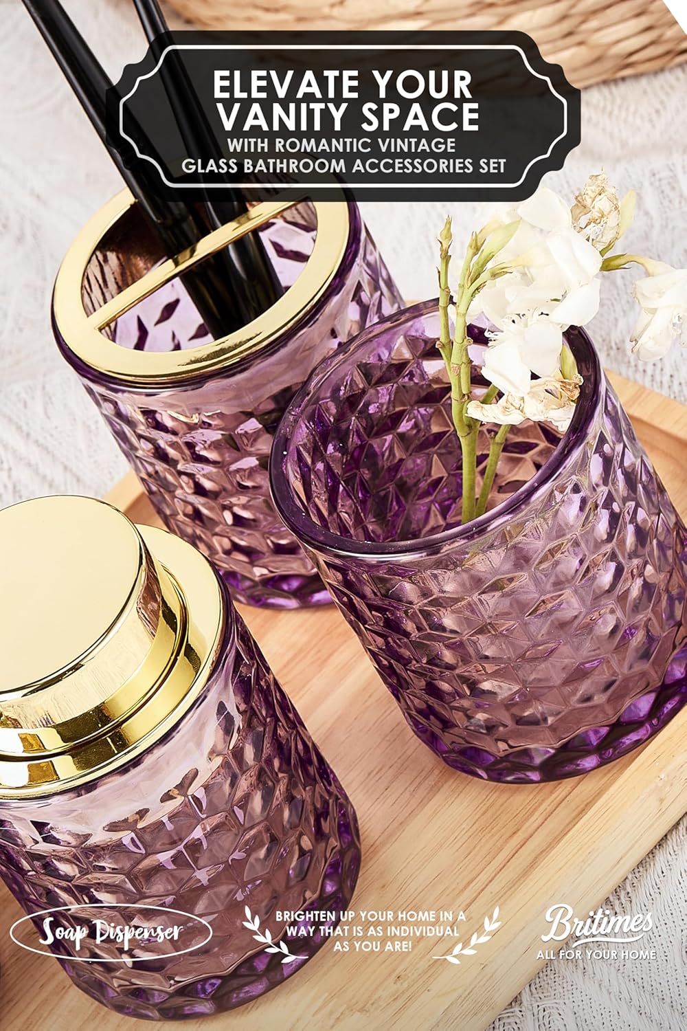 Purple Bathroom Accessories, 4Pcs Purple Bathroom Accessory Set Complete, Toothbrush Holder Set, Soap Dispenser, Qtip Holder, Tumbler, Perfect for Bathroom Decor and Vanity