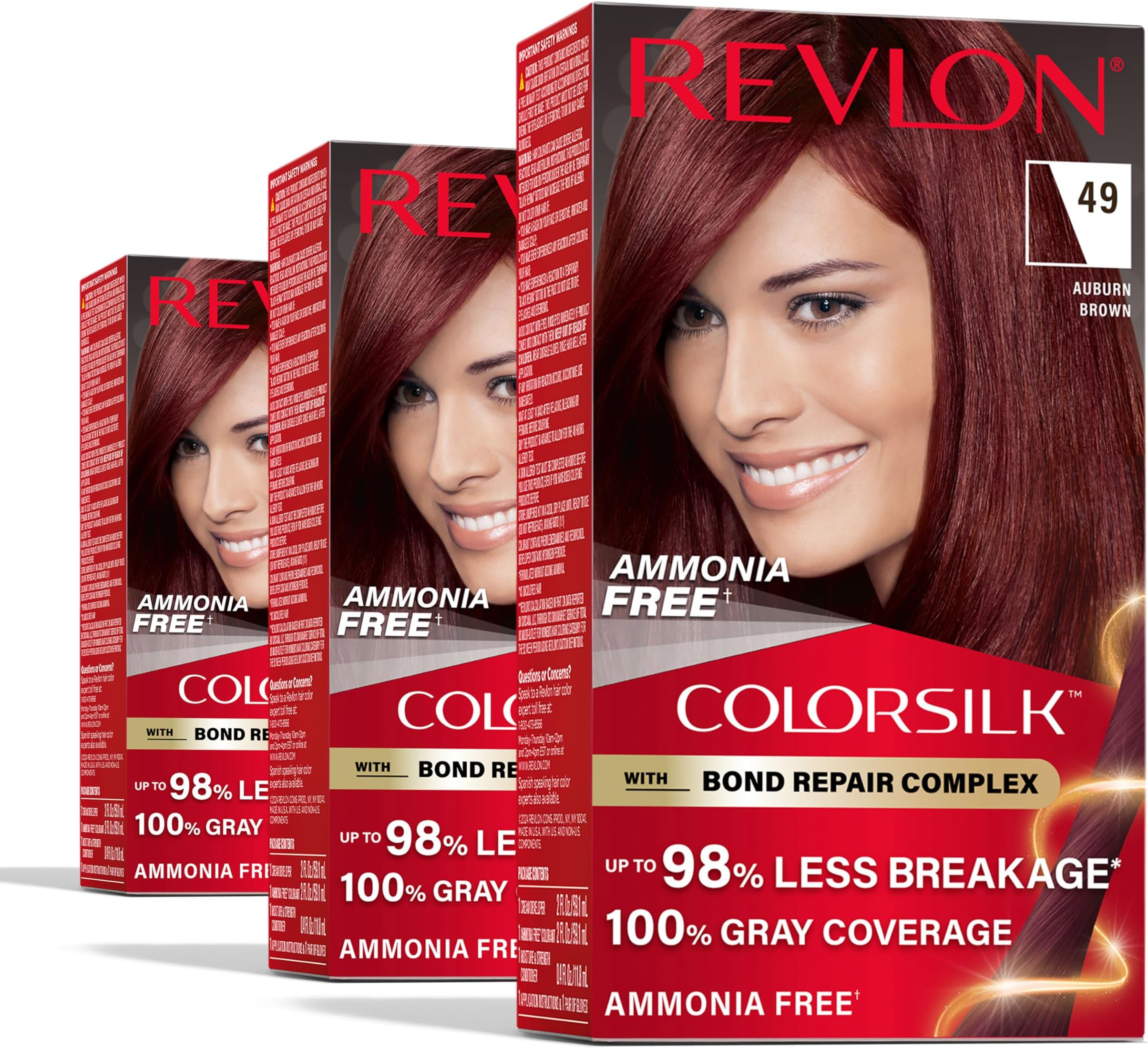 Revlon ColorSilk with Bond Repair Complex, Auburn Permanent Hair Color, 100% Gray Coverage, Ammonia Free Hair Dye, Vegan Keratin, 49 Auburn Brown (Pack of 3)