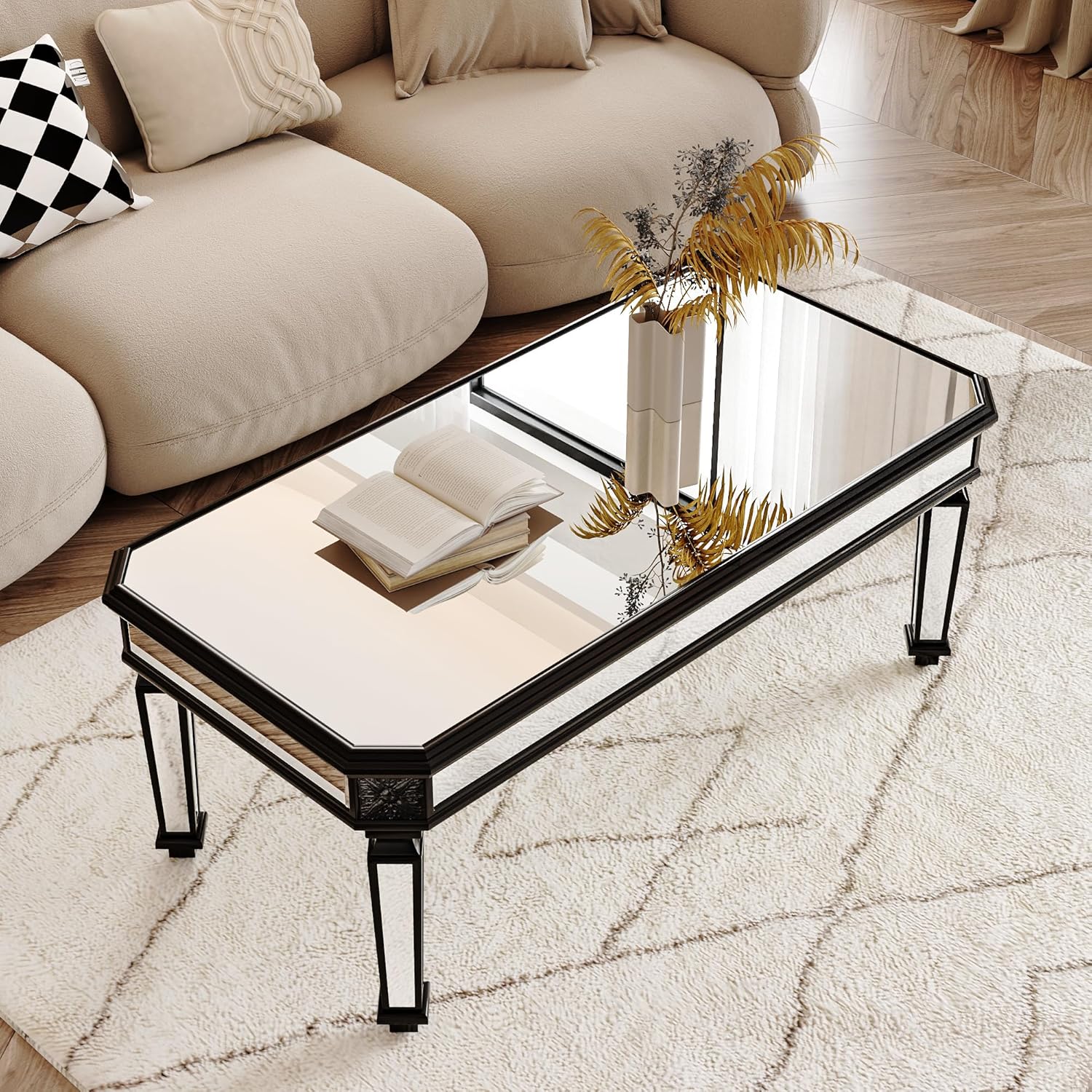 48" Black Mirrored Coffee Table, Rectangle Mirror Center Table with Vintage Carved Elements, Modern Luxury Mirrored Furniture Cocktail Tea Table for Living Room and Office