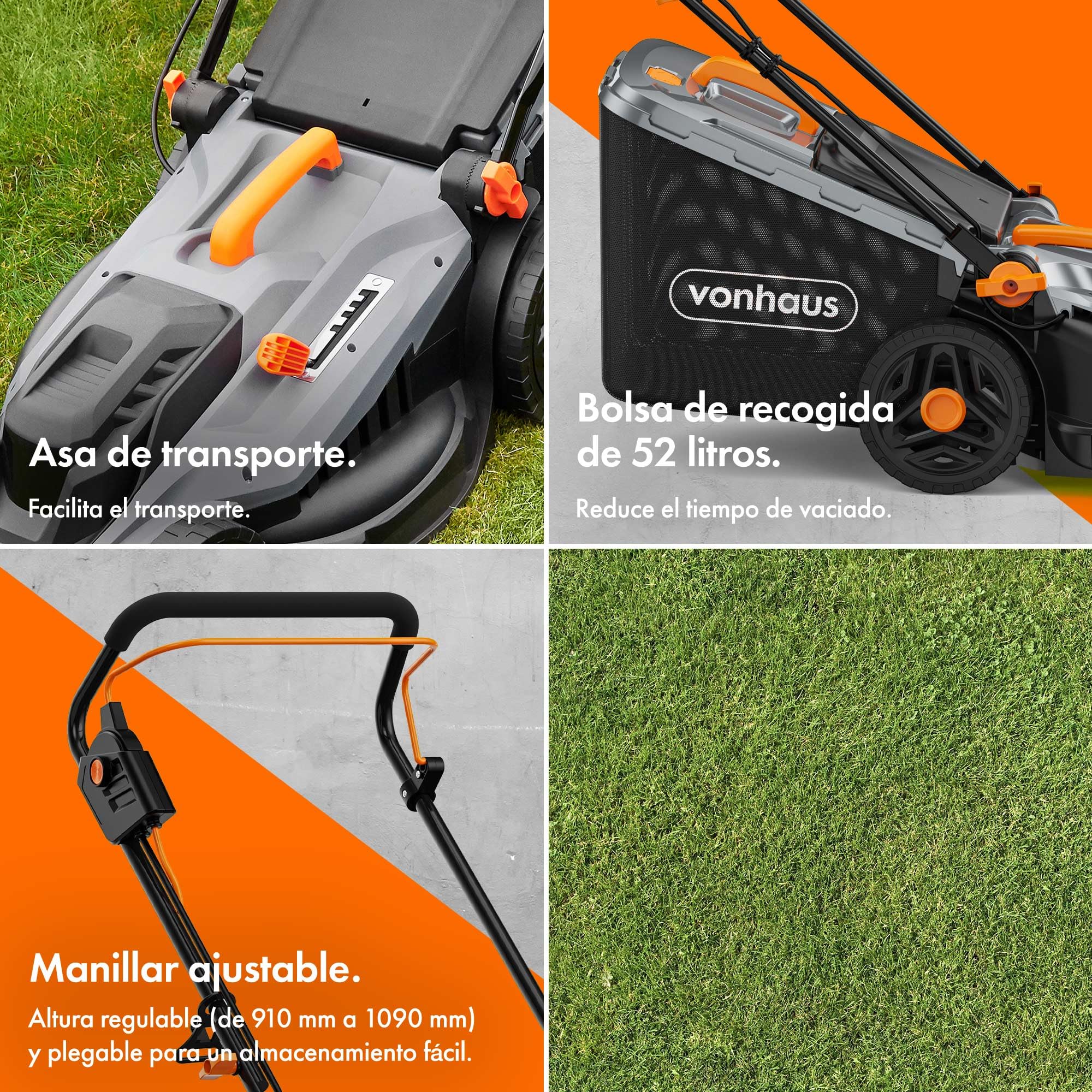 VonHaus Cortacésped Eléctrico - Cortadora de Césped Eléctrica, 380-430 mm de Ancho de Trabajo - Bolsa de 42-52 L, Manillar Plegable y Ajustable, 5 Niveles de Corte, Asa de Transporte (1800 W)