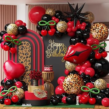 Cheetah Print Balloon Arch 128pcs Red and Black Balloons with Gold Leopard Cheetah Print Birthday Decorations Red Lips Foil Balloons for Girls Women Birthday Party Decorations