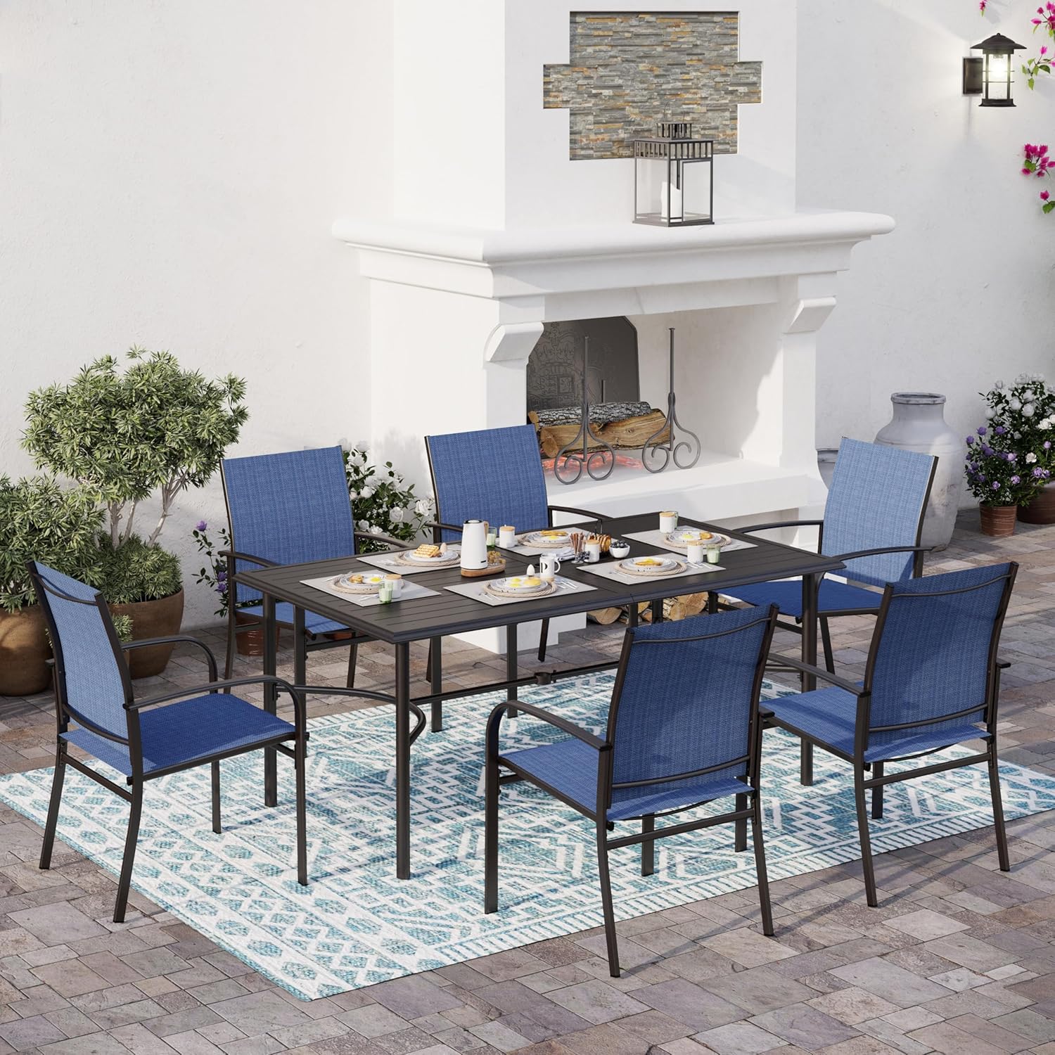 SUNSHINE VALLEY Patio Dining Sets for 7 Pcs, 66.9X 38x29.1 Rounded Support Dining Table Metal Frame 6 Stable Outdoor Dining Brown Chairs,Outdoor Kitchen Lawn Garden,Bistro Patio Dining Sets.