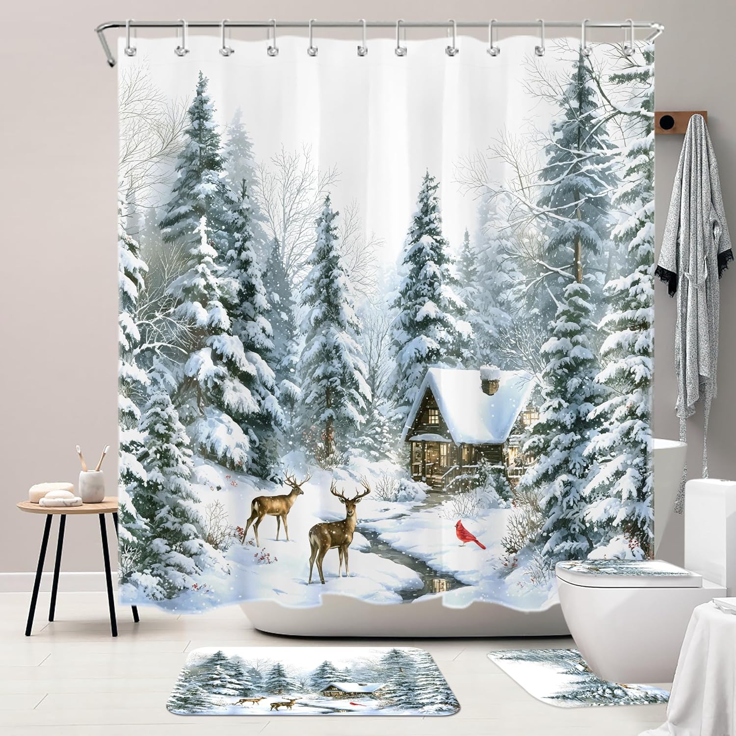 4 Pcs Winter Forest Shower Curtain Set with Non-Slip Bathroom Rugs, Wild Animal Deer and Cardinals in Snow Forest Shower Curtain with Bath Mat and Toilet Lid Cover Christmas Decor, 72x72 Inches