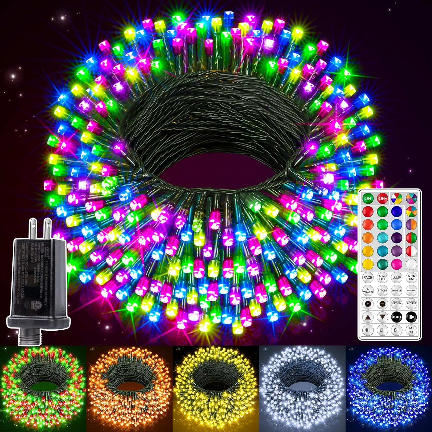 ollny rgb christmas lights 400 leds 131 ft, 130 modes color changing christmas string lights with remote, timer & waterproof, outdoor xmas lights for thanksgiving day house holiday decorations green wire 131ft