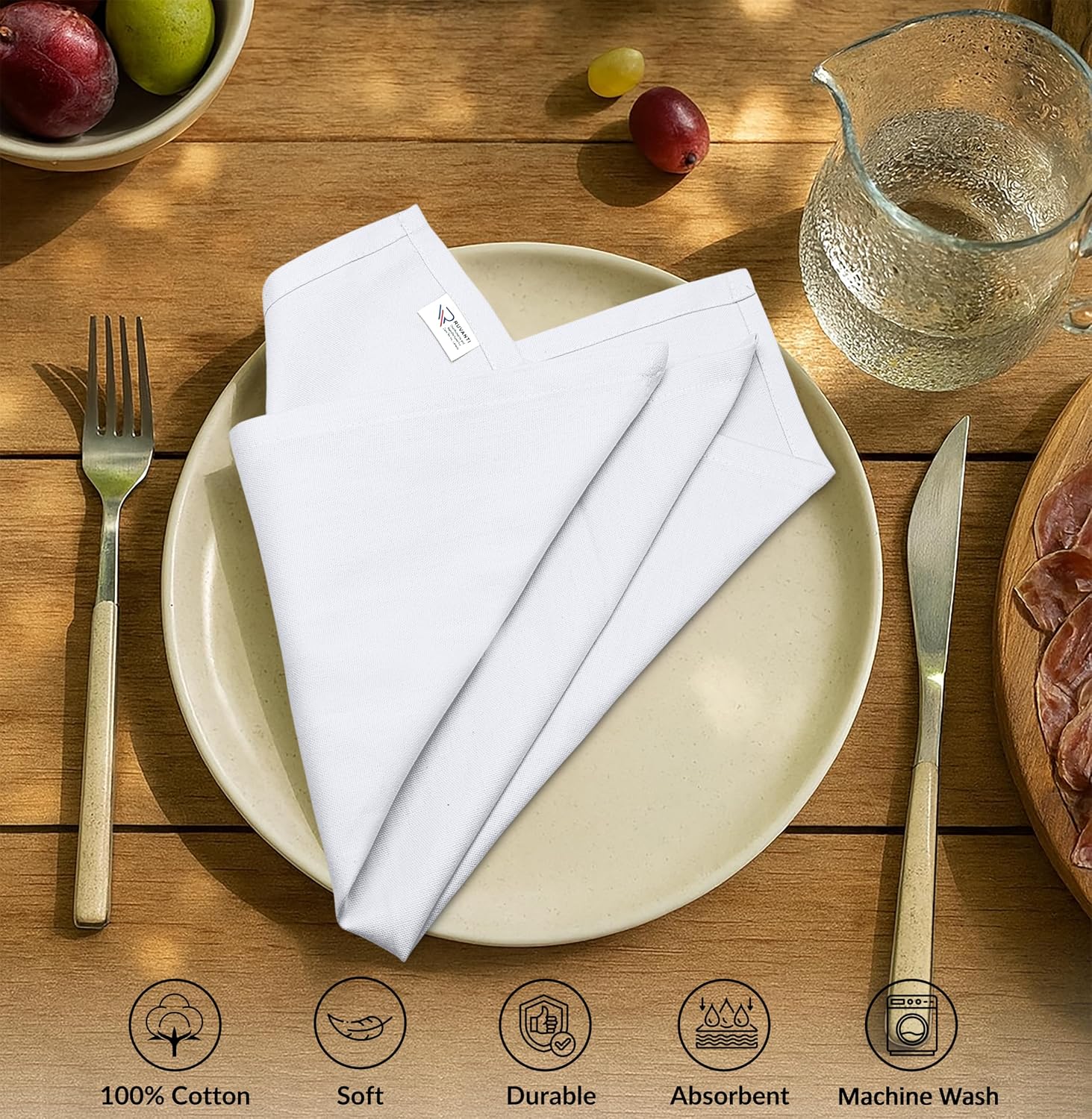 Ruvanti Cloth Napkins Set of 12, 100% Cotton High GSM 18x18 Inches Soft, Washable, Highly Durable & Absorbent, Perfect for Parties, Christmas, Thanksgiving Dinners – White