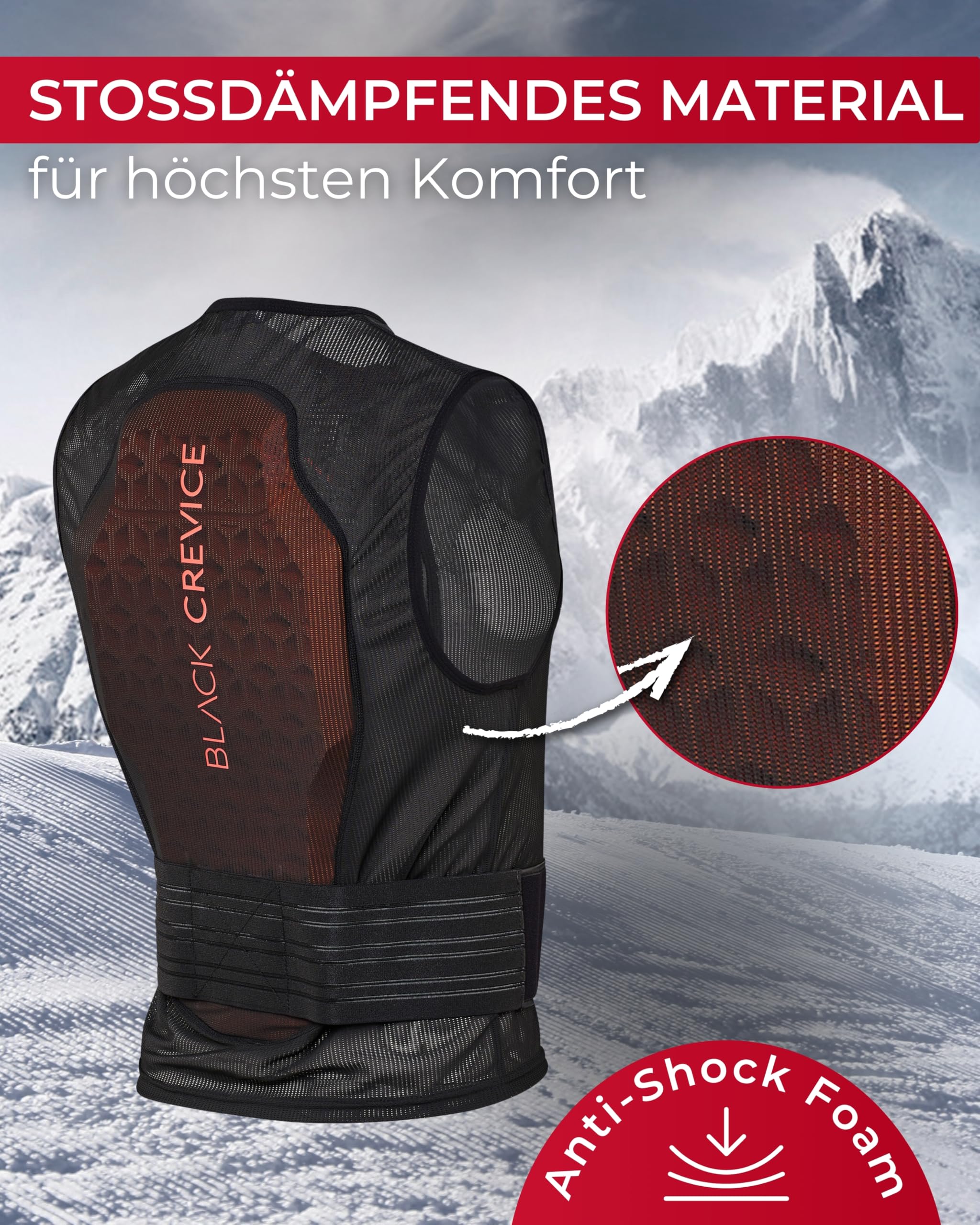 BLACK CREVICE Rückenprotektoren Weste für Kinder, Jugendliche & Erwachsene I Atmungsaktive Weste mit Anti-Shock-Schaum I Verstellbarer Hüftgurt für optimalen Sitz I Versch. Größen