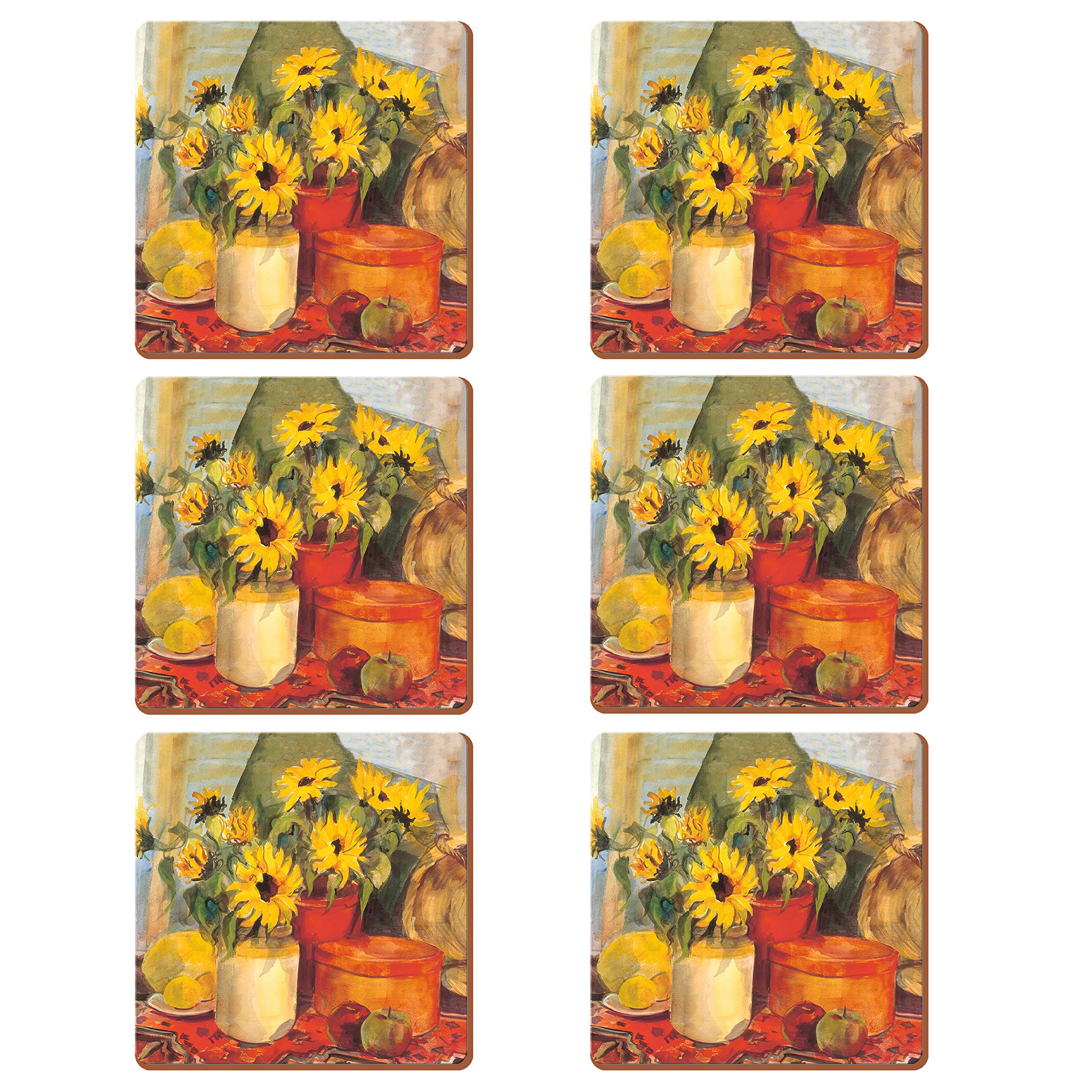 KitchenCraft 5176729 Creative Tops Sunflowers Premium Cork-Backed Coasters, Wood, Yellow, 6-Piece