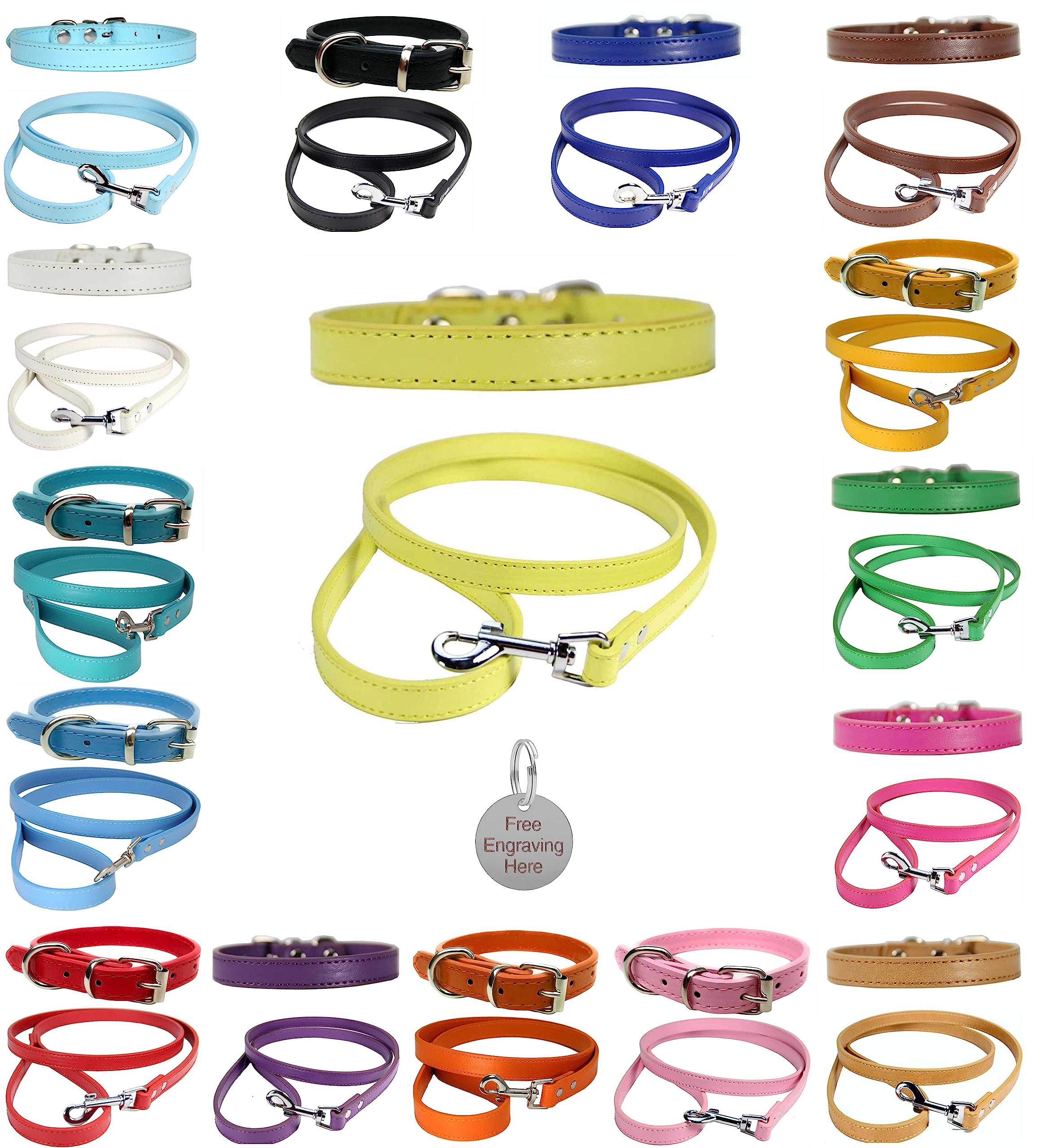 Vibrant Leather Dog Collar & Lead Combo Set for Puppy, Dogs Small, Medium & Large With Personalised Engraved Round Silver Pet Tag (Large (36cm - 46cm Neck), Yellow)