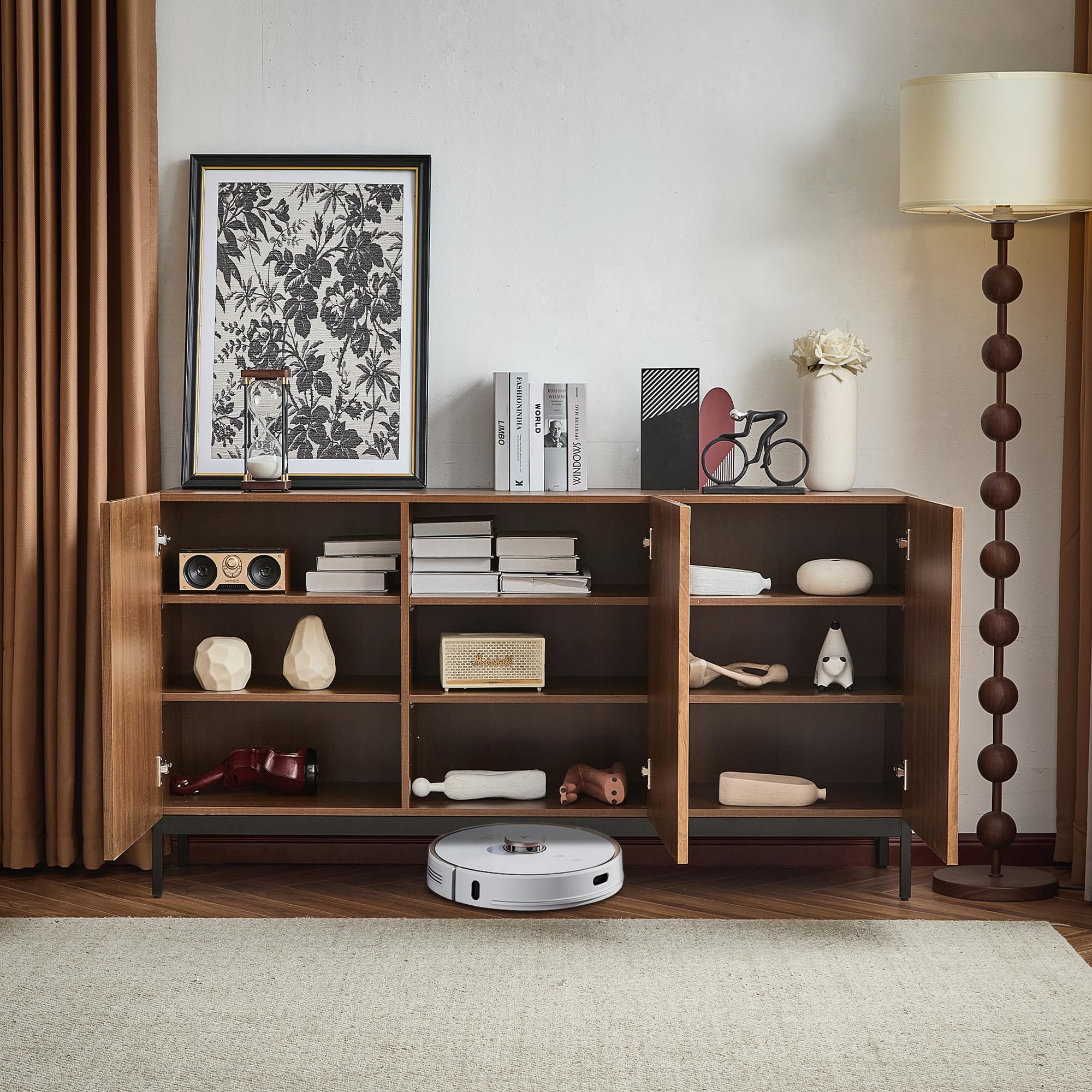 Credenza moderna Mid-Century a 3 ante, design ondulato 3D, ripiani regolabili, chiusura di sicurezza, elegante archiviazione per soggiorno, sala da pranzo, ufficio, 150 x 40 x 80 cm (marrone scuro A)