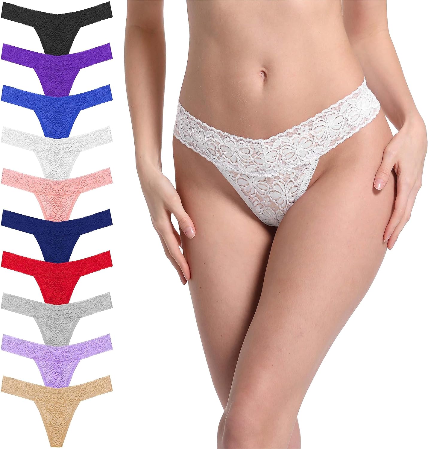 T Back Sexy Low Rise Stretchy Invisible Patterns Lace Cotton Women Thongs Pack