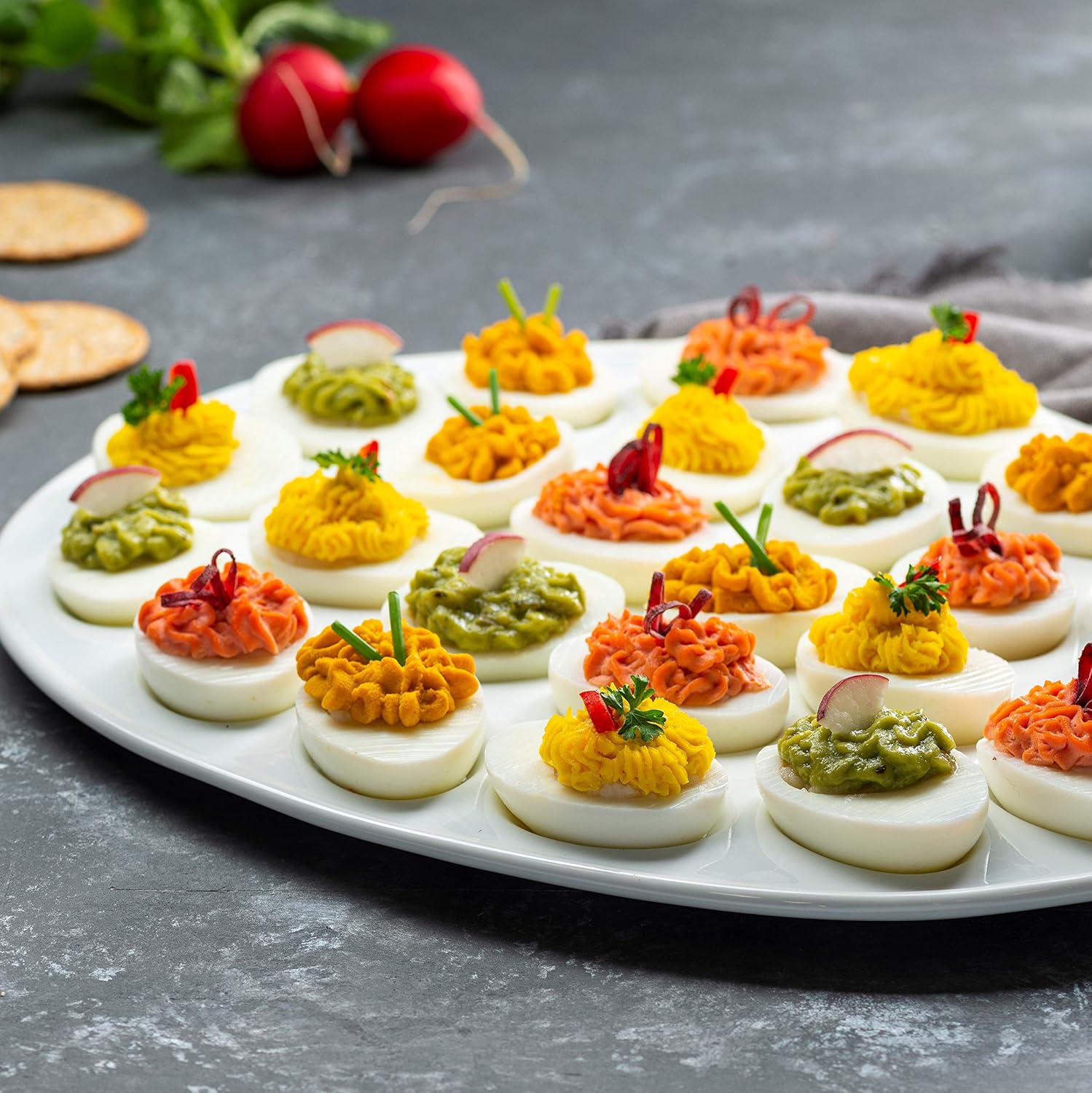 Crаzу Clеаrаnсе Kook Deviled Egg Platter Tray, Holds 24 Eggs, Sleek Ceramic Dish, Display Holder, Dishwasher Safe, Microwave Safe, freezer Safe, 13 Inch Diameter, White